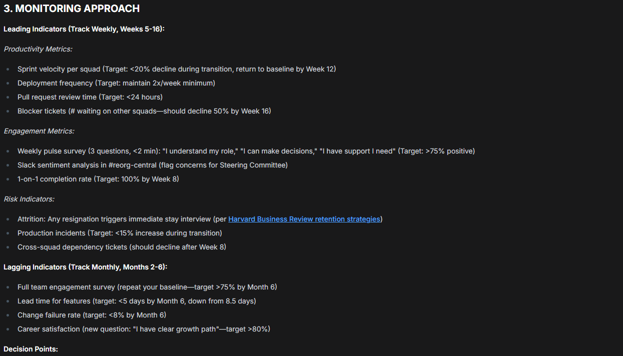 DeeCee.ai Helix™ Monitoring Approach — leading and lagging indicators with review cadence