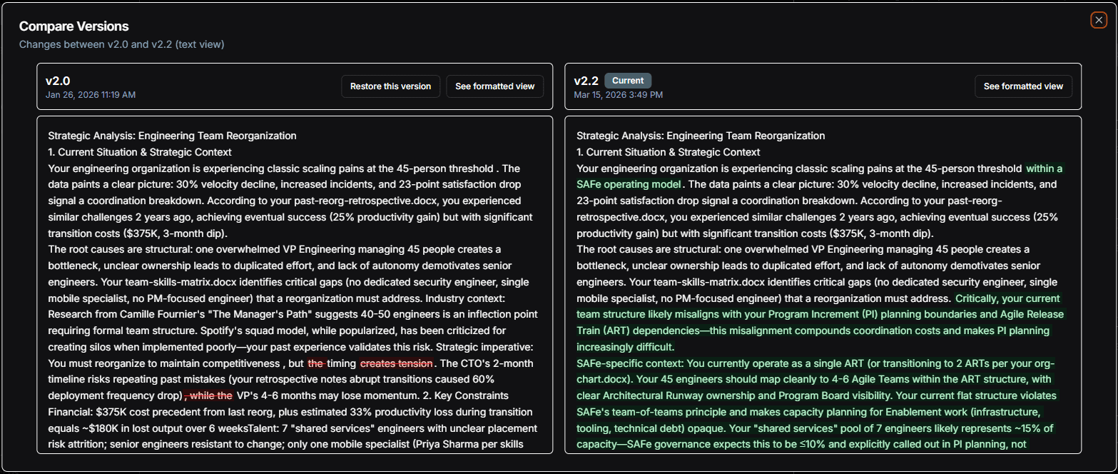 DeeCee.ai Pro — Side-by-side version diff showing what changed between two decision brief versions