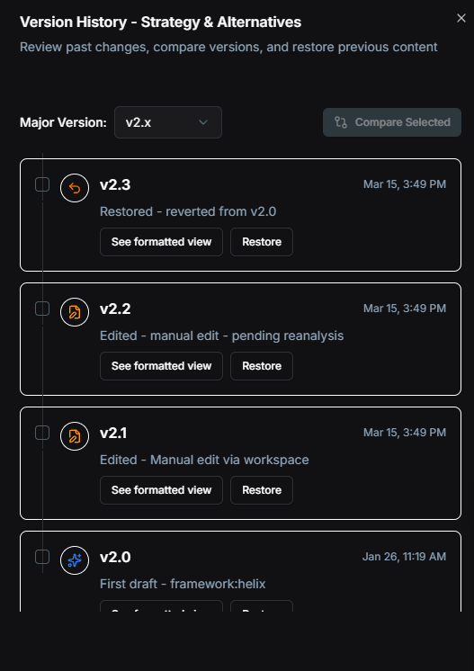 DeeCee.ai Pro — Version history panel showing a timeline of decision brief revisions
